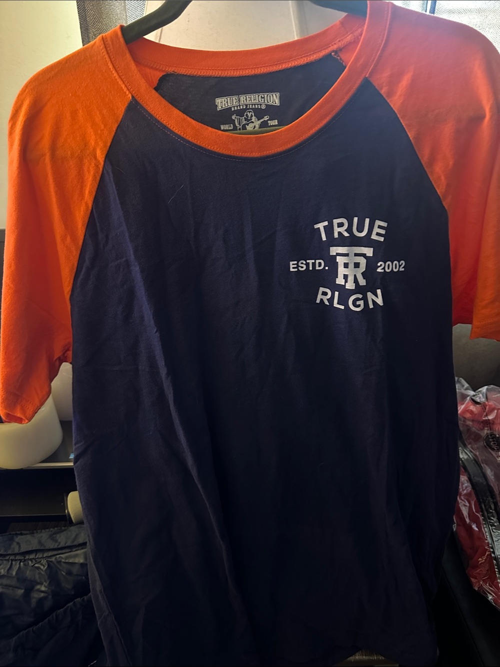 True Religion Navy and Orange Raglan Logo Tee